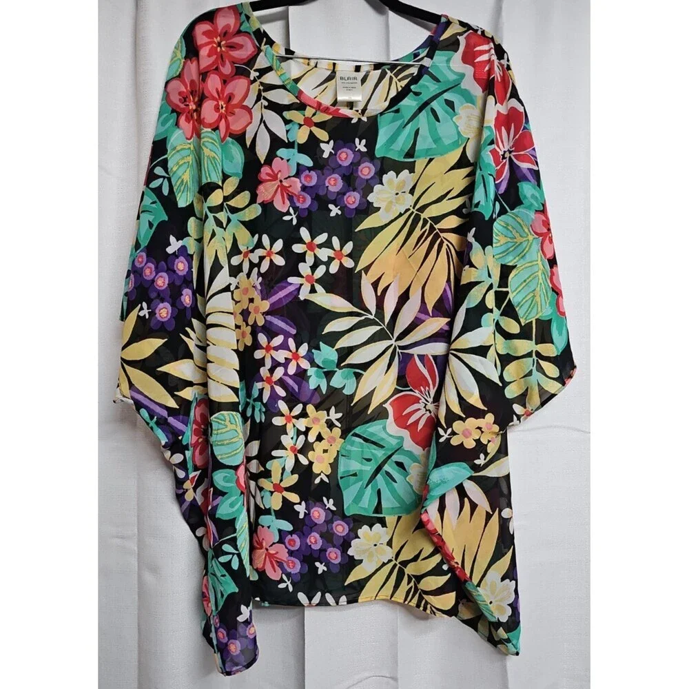 Blair Womans Plus Size 3XL Sheer Top Tropical Floral Swim Cover Up